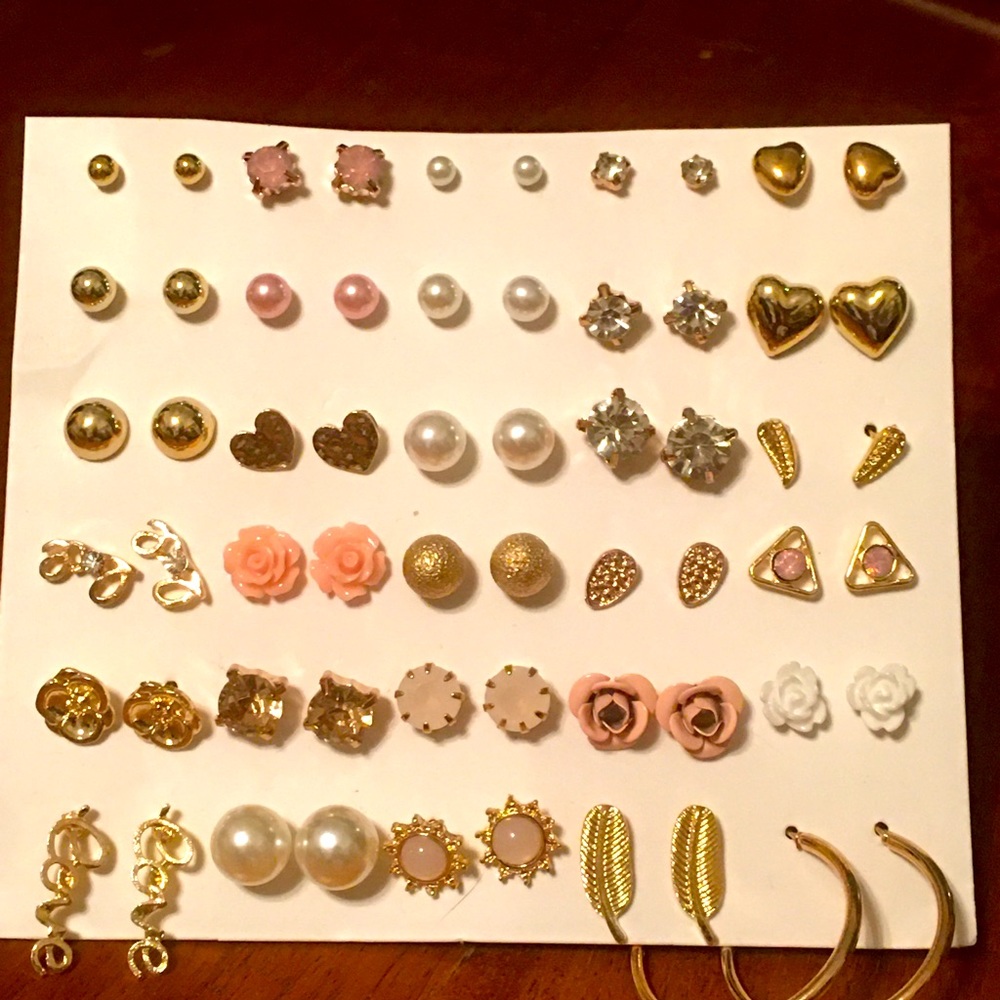 30 Prs Peach, Pearl, and CZ Stud Earrings